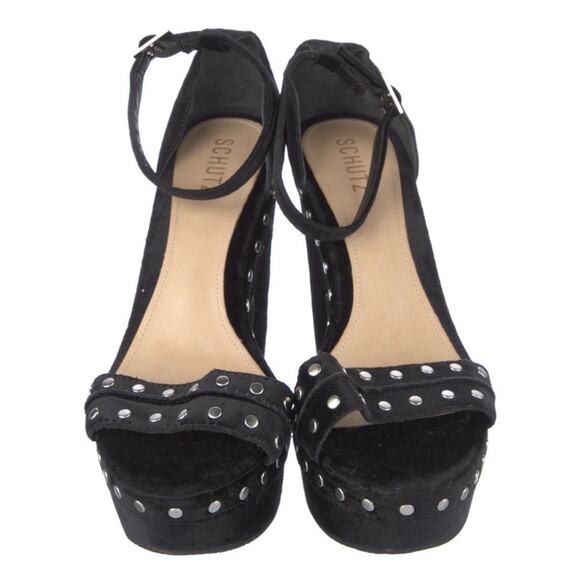 Schutz Velvet Silver Studded Ankle Strap Platform Heels Black Size 10.5 - Picture 2 of 5